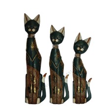 Wooden Cat Green Painted Gold Springs Neck Set of 3