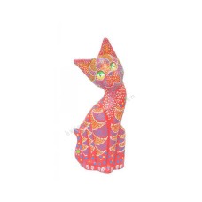 Wooden Cat Red Orange Dots Painted 20 cm