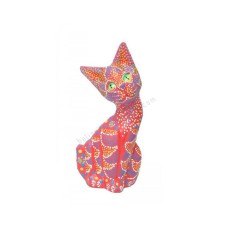 Wooden Cat Red Orange Dots Painted 15 cm