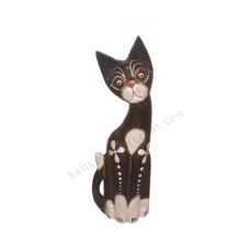 Wooden Cat Painted Brown White Flower 40 cm