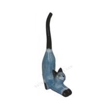 Wooden Mini Cat Stretching Blue Black Ears 25 cm