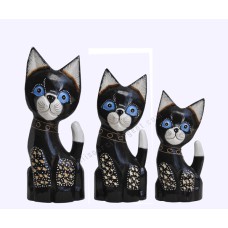 Wooden Dwarf Cat Black Carved White Set of 3