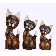 Wooden Dwarf Cat Natural Brown Carved Flower Set of 3