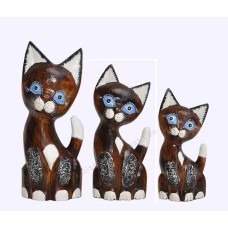 Wooden Dwarf Cat Carved Natural Brown Set of 3