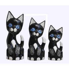 Wooden Dwarf Cat Black White Antique Carved Set of 3