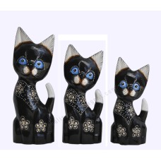 Wooden Dwarf Cat Black White Carved Flower Set of 3