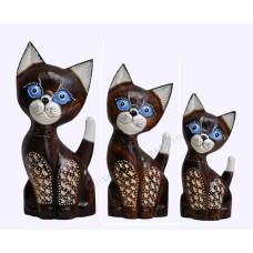 Wooden Dwarf Cat Dark Brown White Carved Set of 3