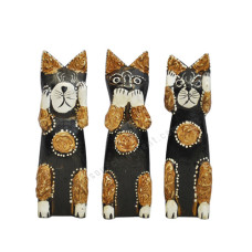 Wooden Cat Black Brown Closed Ears Mouth Eyes Set of 3