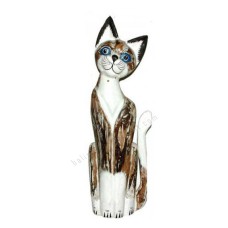 Wooden Cat Painted White Brown Wash 60 cm