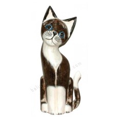 Wooden Cat Painted White Brown Wash 40 cm