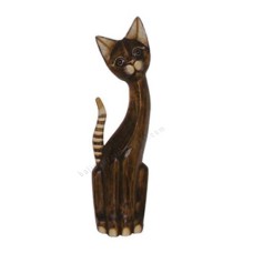 Wooden Cat Antique Brown Striped Tail 60 cm