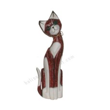 Wooden Cat Rope Neck Painted White Red 60 cm