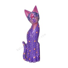 Wooden Cat Painted Purple Dots Aboriginal 50 cm