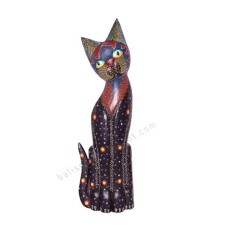 Wooden Cat Painted Black Dots Aboriginal 50 cm