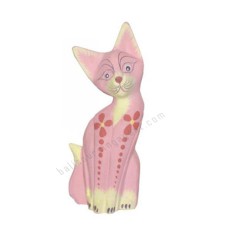 Wooden Cat Pink Painted Red Flower 20 cm