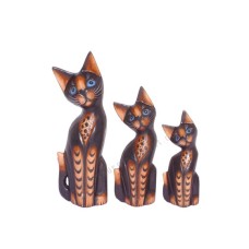 Wooden Cat Black Brown Stripes Set of 3