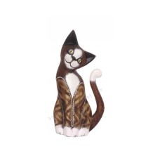 Wooden Cat Striped Brown Burnt White 25 cm