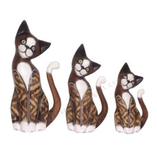 Wooden Cat Striped Brown Burnt White Set of 3