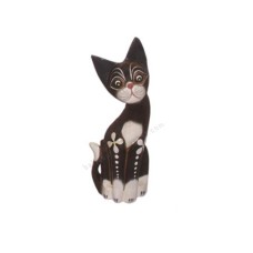 Wooden Cat Painted Brown White Flower 30 cm