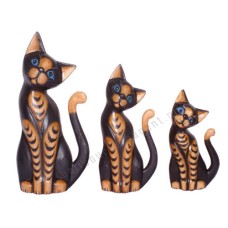 Wooden Cat Black Brown Stripes Long Tail Set of 3