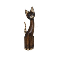 Wooden Cat Antique Brown Striped Tail 50 cm