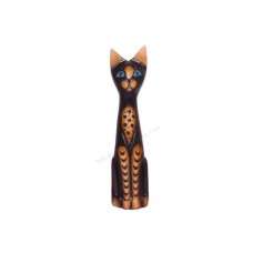 Wooden Cat Sitting Black Brown Stripes 30 cm