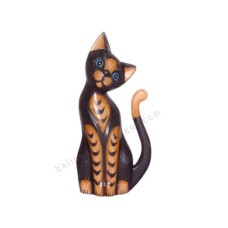 Wooden Cat Black Brown Stripes Long Tail 25 cm