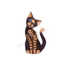 Wooden Cat Black Brown Stripes Long Tail 20 cm