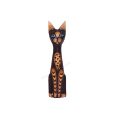 Wooden Cat Sitting Black Brown Stripes 25 cm