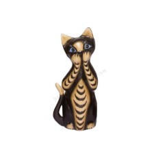 Wooden Cat Painted Black Brown Closed Mouth 25 cm