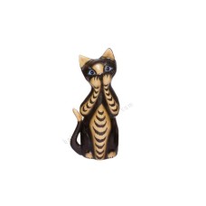 Wooden Cat Painted Black Brown Closed Mouth 20 cm