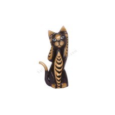 Wooden Cat Painted Black Brown Closed Ears 25 cm