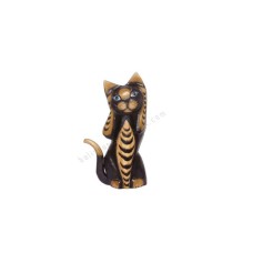 Wooden Cat Painted Black Brown Closed Ears 20 cm