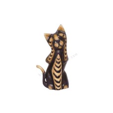 Wooden Cat Painted Black Brown Closed Eyes 25 cm