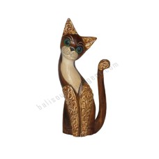 Wooden Cat Brown Carved Long Tail 30 cm