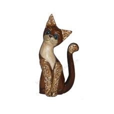 Wooden Cat Brown Carved Long Tail 20 cm