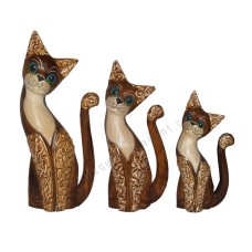 Wooden Cat Brown Carved Long Tail Set of 3