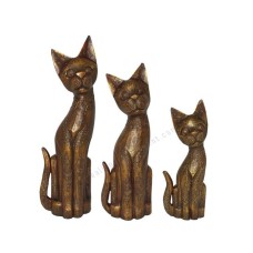 Wooden Cat Golden Antique Painted Set of 3