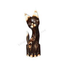 Wooden Cat Dark Brown White Flower Motif 30 cm