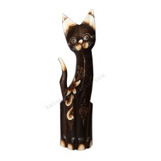 Wooden Cat Dark Brown White Flower Motif 50 cm