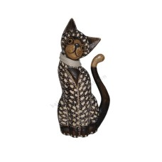 Wooden Cat Dark Brown White Carved With Rattan 30 cm