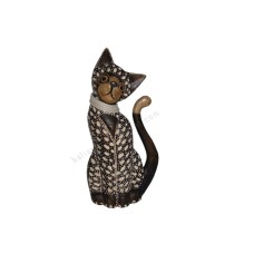 Wooden Cat Dark Brown White Carved With Rattan 25 cm