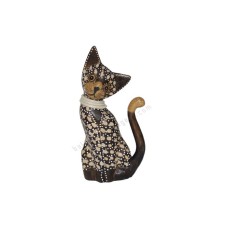 Wooden Cat Dark Brown White Carved With Rattan 20 cm