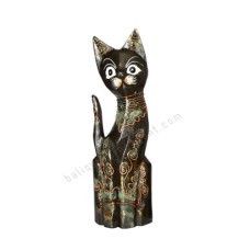 Wooden Cat Painted Black Green Gold 30 cm