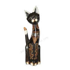 Wooden Cat Black White Painted Brown 40 cm