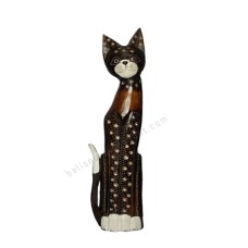 Wooden Cat Black Brown White Carved 80 cm