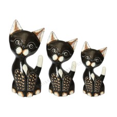 Wooden Dwarf Cat Black Brown Carved Set of 3