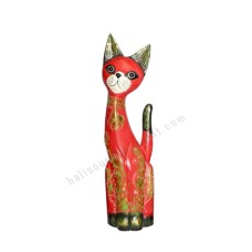 Wooden Cat Painted Red Black Gold 40 cm