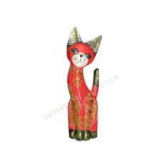 Wooden Cat Painted Red Black Gold 30 cm