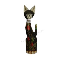 Wooden Cat Black Golden Flower Springs Neck 40 cm